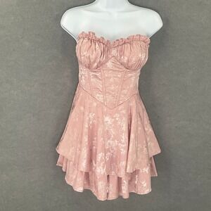 Selfie Leslie Pink Floral Strapless Ruffle Tiered Corset Romper Dress Party Sz L